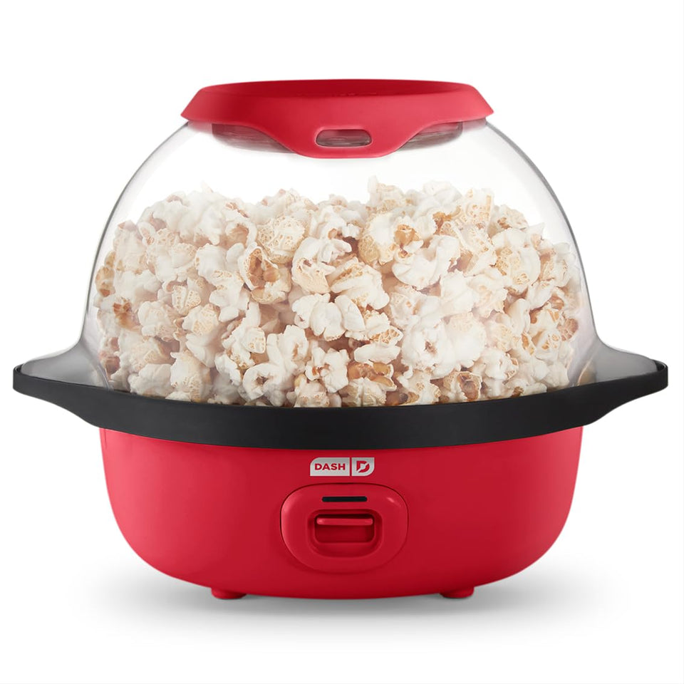 DASH SmartStore stirring popcorn maker red front view for quick theater-style popcorn at home.