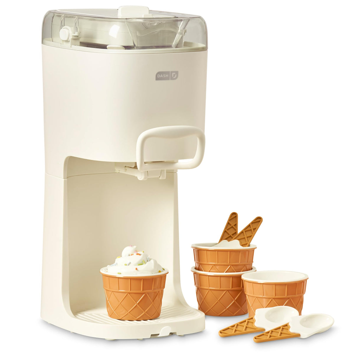 Dash Soft Serve Machine on a kitchen counter delivering smooth, ready-to-serve desserts at home.