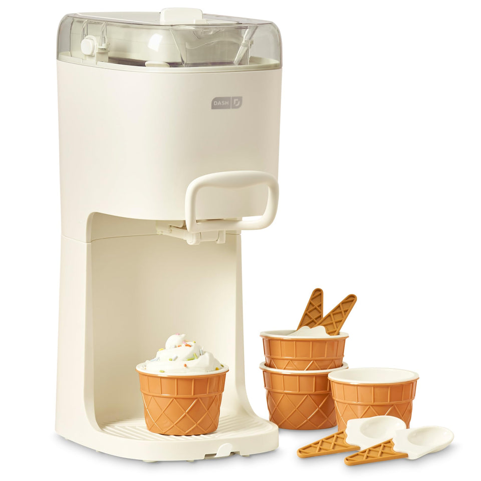 Dash Soft Serve Machine on a kitchen counter delivering smooth, ready-to-serve desserts at home.