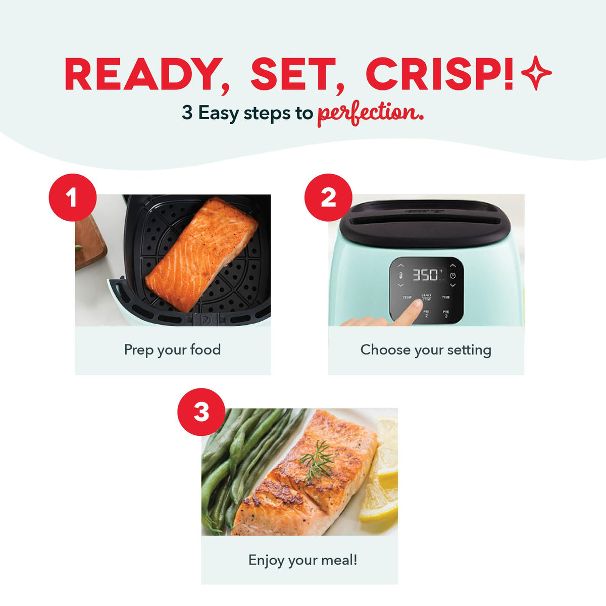 Dash Tasti-Crisp adjustable temperature from 200°F to 400°F for diverse foods.