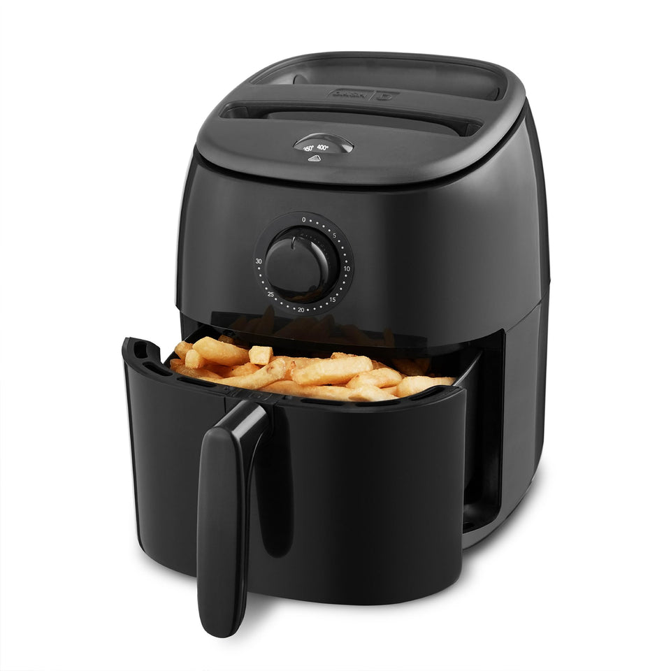 Dash Tasti-Crisp air fryer front view shows compact design for small kitchens.