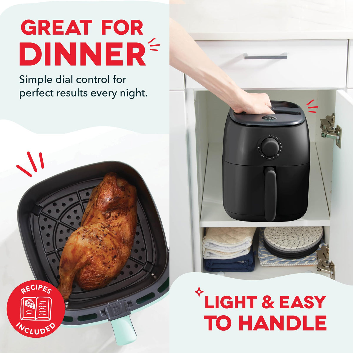 Dash Tasti-Crisp compact design 2.6-quart capacity for snack portions.