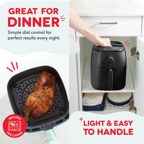 Dash Tasti-Crisp compact design 2.6-quart capacity for snack portions.