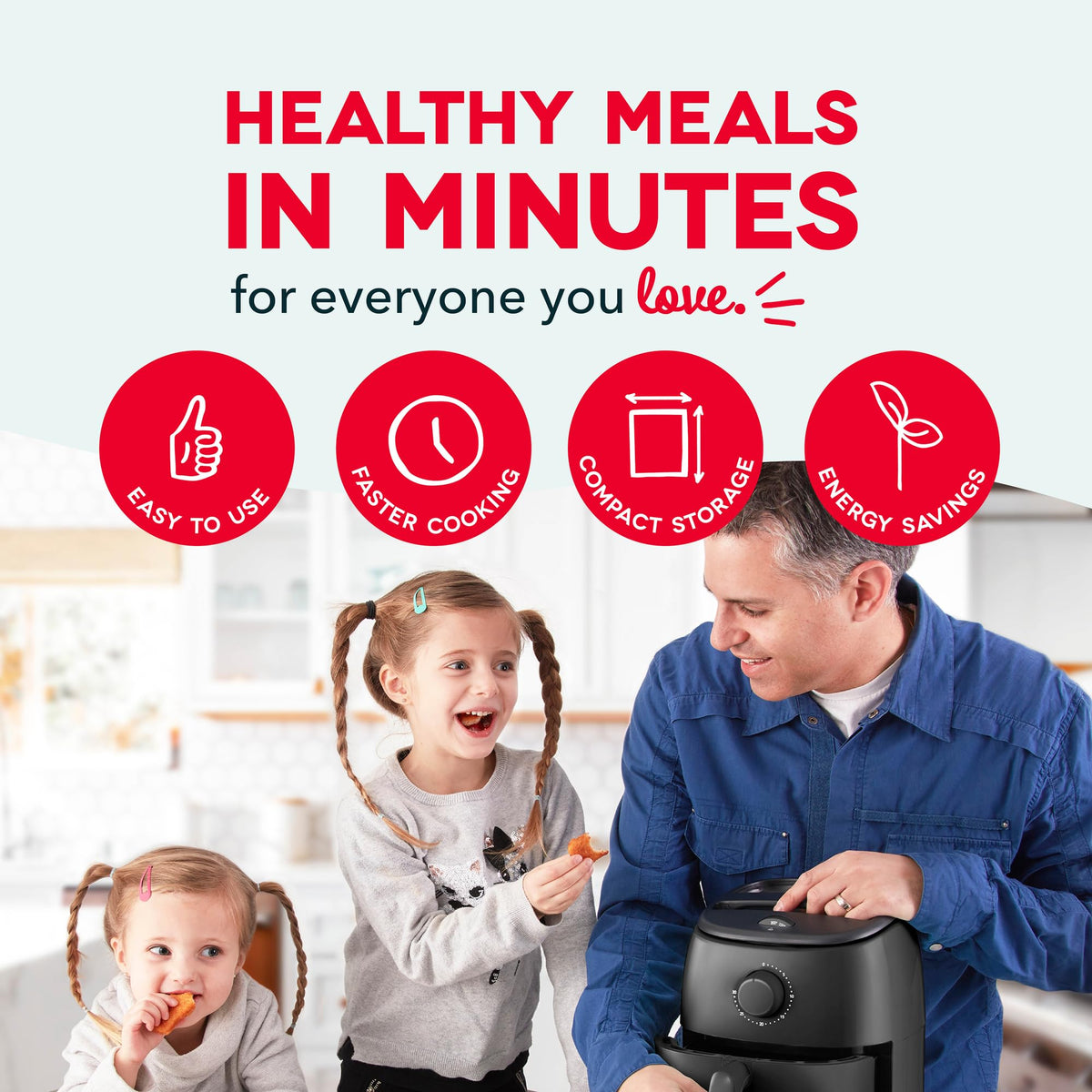 Dash Tasti-Crisp control panel and dial highlight adjustable temperature for versatile cooking.