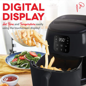DASH Tasti-Crisp digital display showing precise temperature and timer.