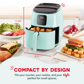 Dash Tasti-Crisp Air Fryer showing removable crisper drawer and dishwasher-safe parts for easy cleanup.