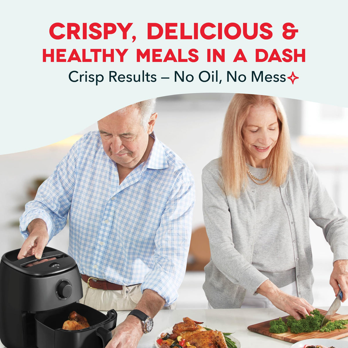 Dash Tasti-Crisp nonstick basket close-up for easy food release.