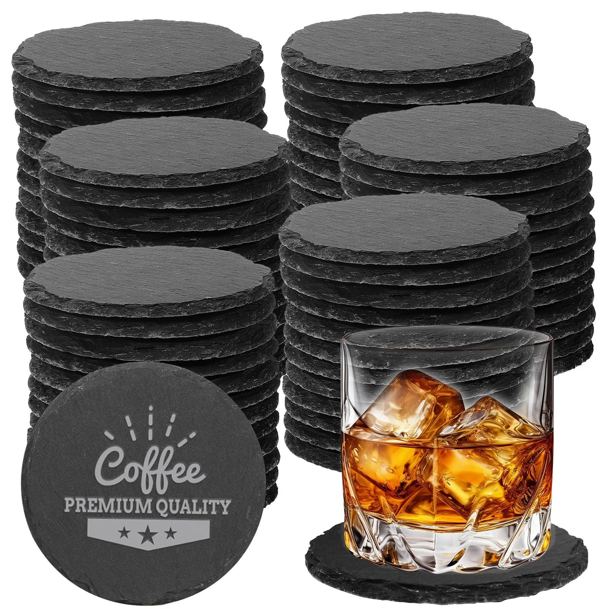 DASSNANE 72-piece slate coaster set showing natural texture and 4-inch diameter