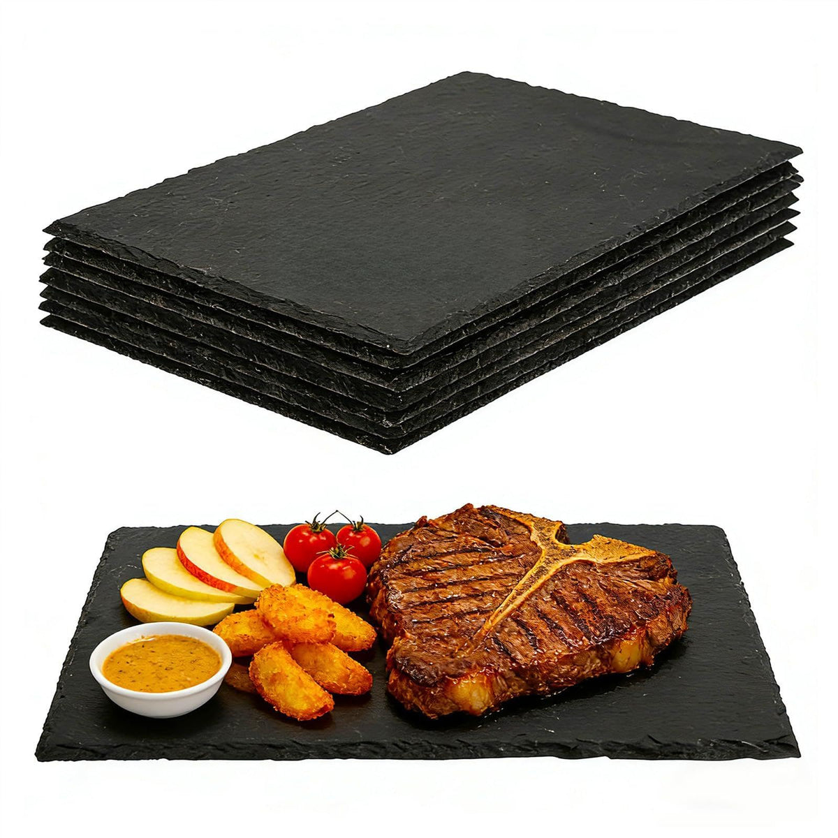 DASSNANE black slate cheese boards with an elegant charcuterie setup and customization options.