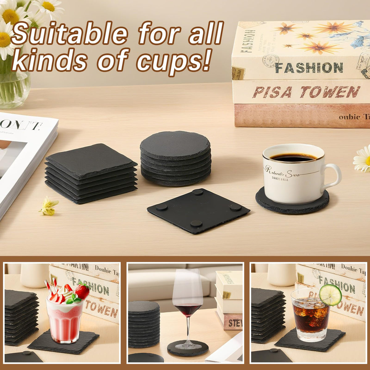 DASSNANE anti-slip bottom slate coasters prevent sliding on surfaces