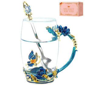 DasyFly butterfly glass tea cup with sky blue rose for elegant tea moments.