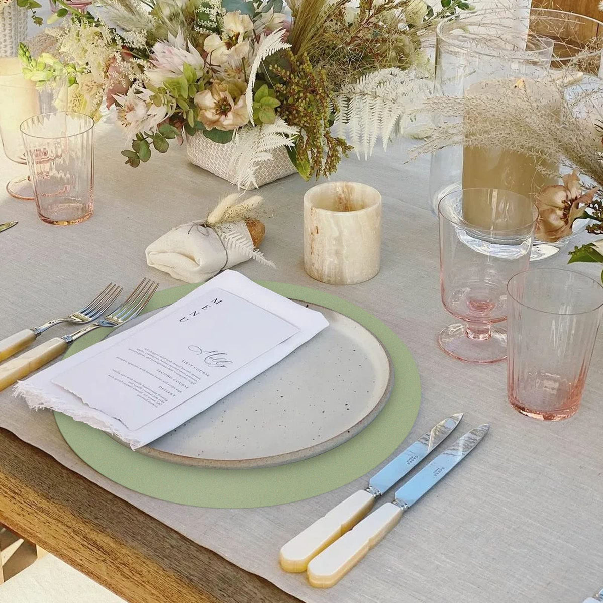Datyiiha home dining placemats in sage green add warmth and easy disposal.