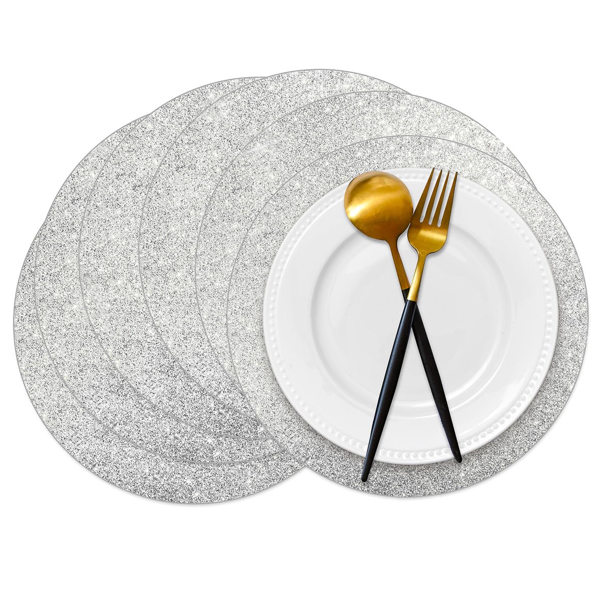 Datyiiha silver glitter placemats illuminate a 14-inch round table setting