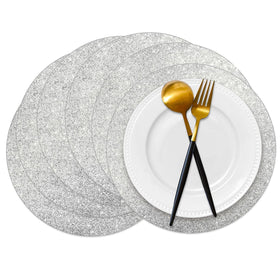 Datyiiha silver glitter placemats illuminate a 14-inch round table setting