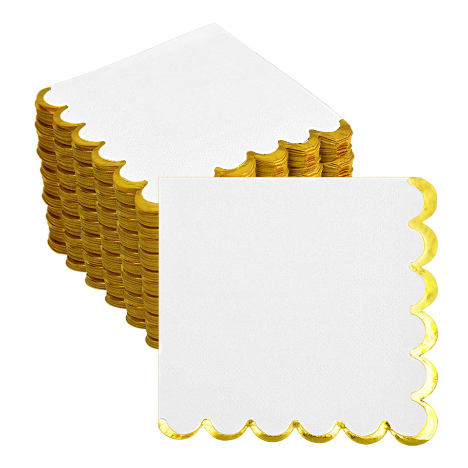 Datyiiha white and gold scalloped napkins folded for an elegant table setting.