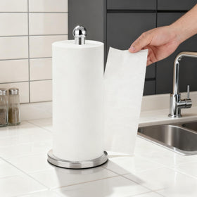 DAWNER brushed nickel holder in use on counter keeps towels within reach