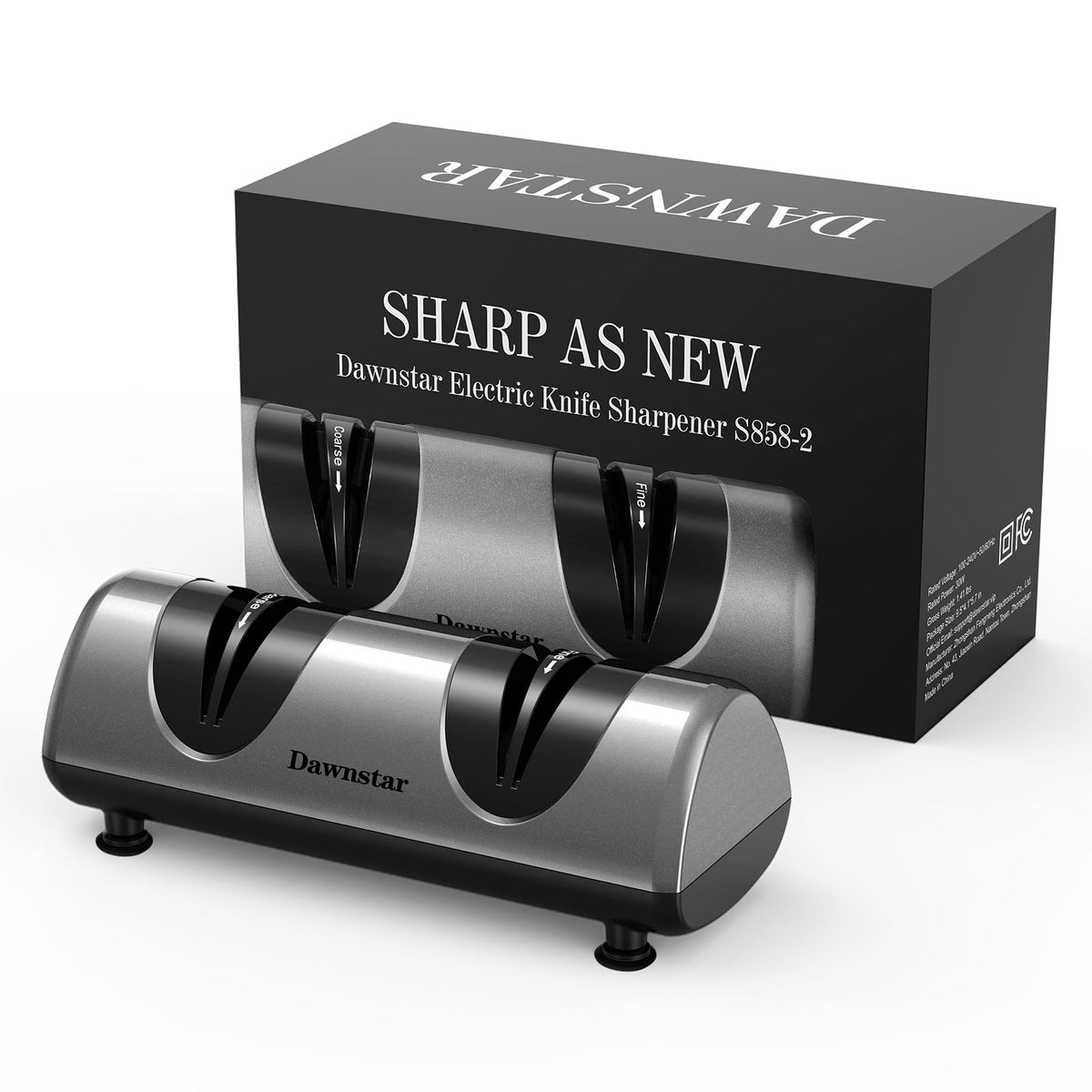 Dawnstar home-use knife sharpener shown in a kitchen setting.