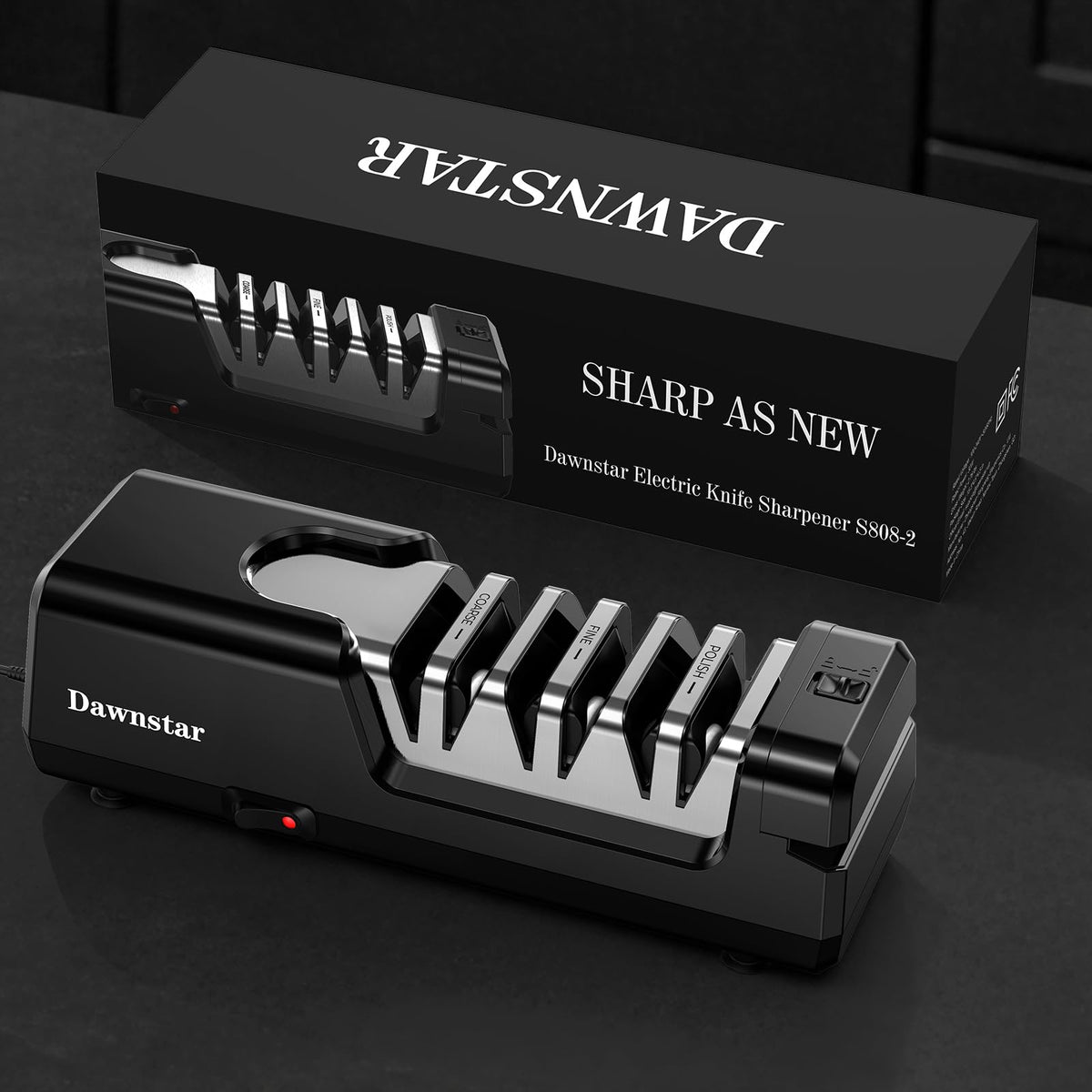 Dawnstar S808 open-design port enables sharpening specialty tools beyond kitchen knives.