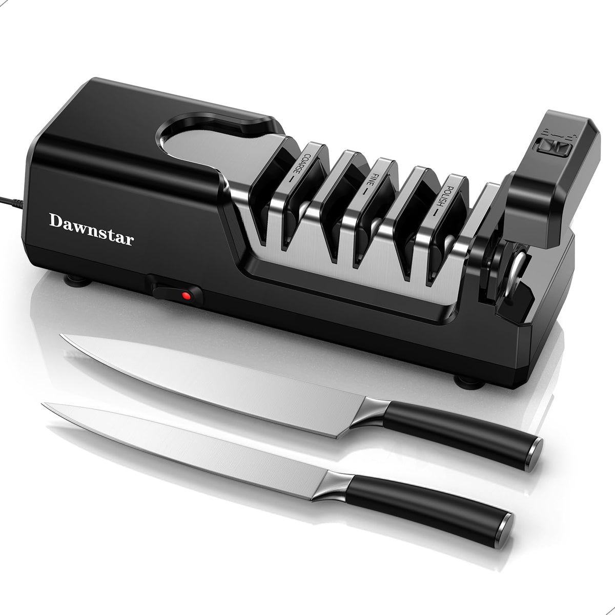 Dawnstar S808 sharpener with diamond abrasives for fast edge restoration across blades.