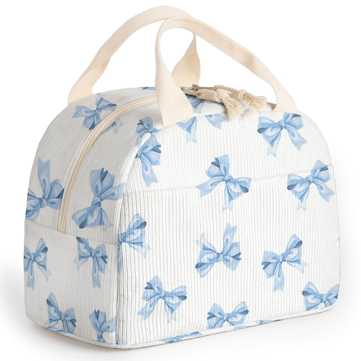Dawuyu lunch bag with blue bow tie front view, keeps meals organized for work