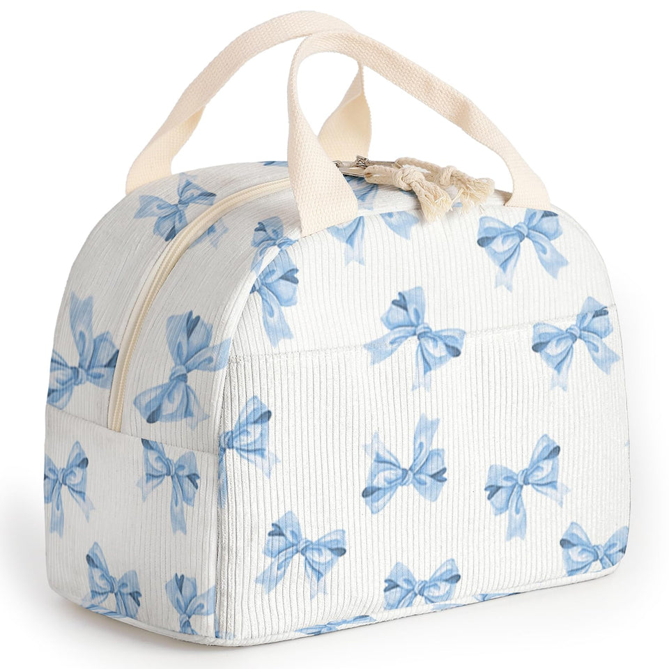 Dawuyu lunch bag with blue bow tie front view, keeps meals organized for work