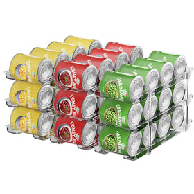 Dayacoco can organizer in pantry with three tiers for easy access to canned goods.