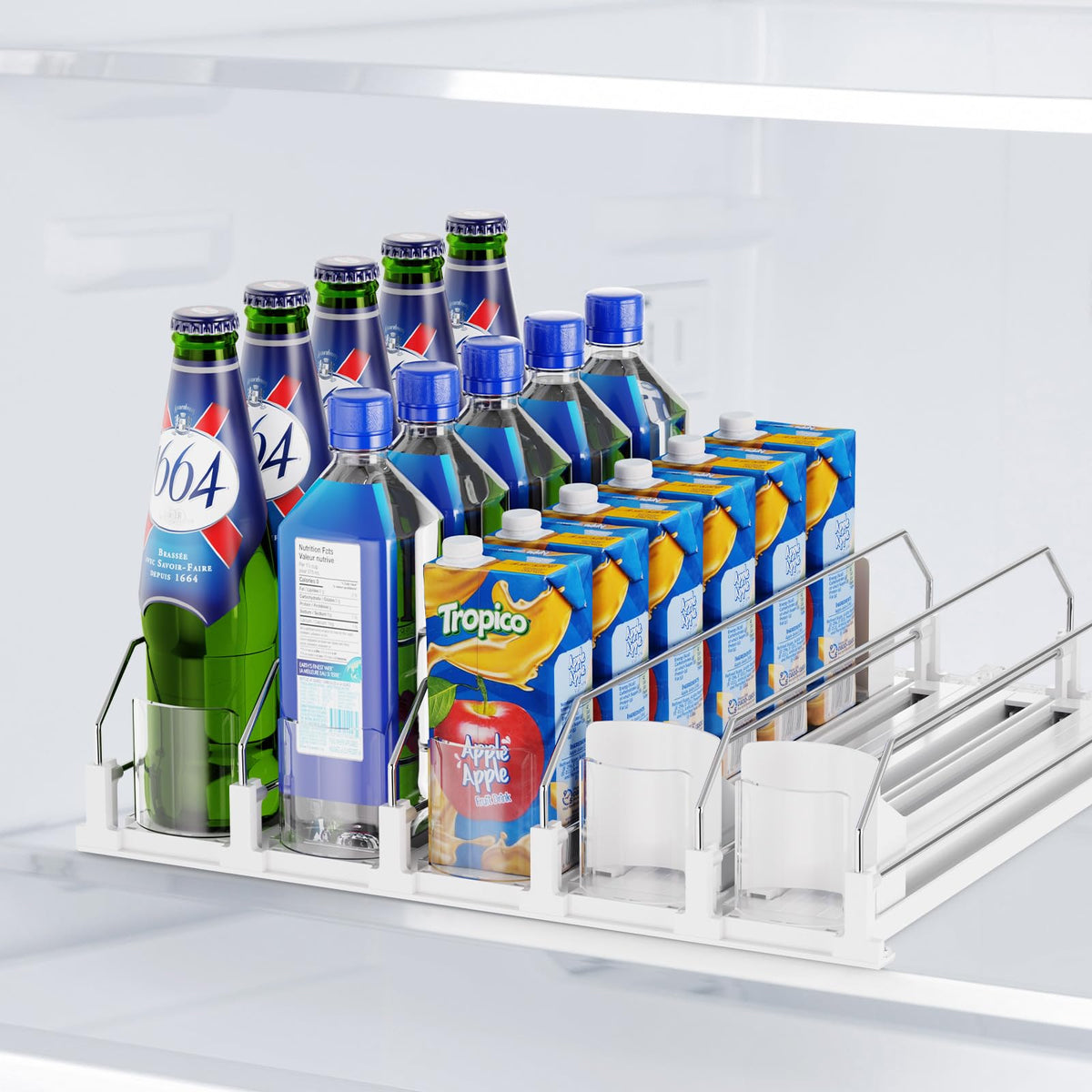 Dayacoco drink organizer in fridge, full view shows organized can rows.