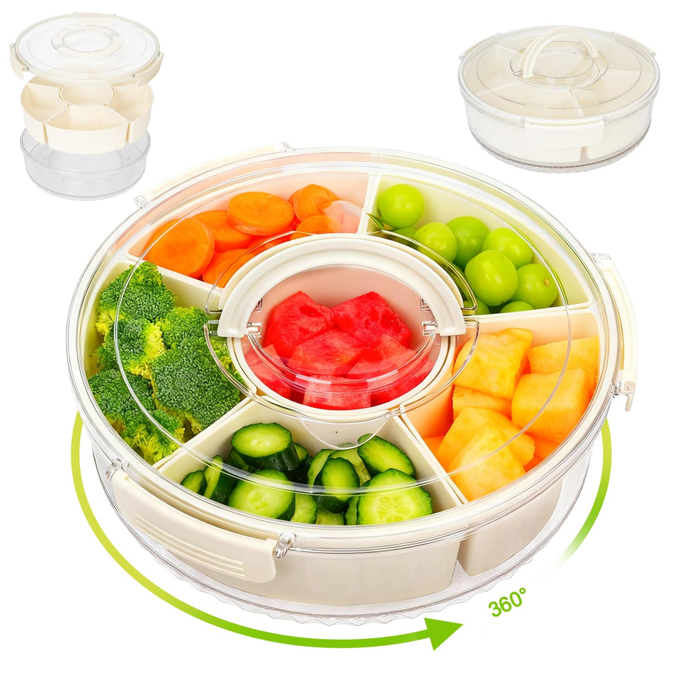 Dayacoco rotating tray with lid and handles shows six compartments for organized serving.