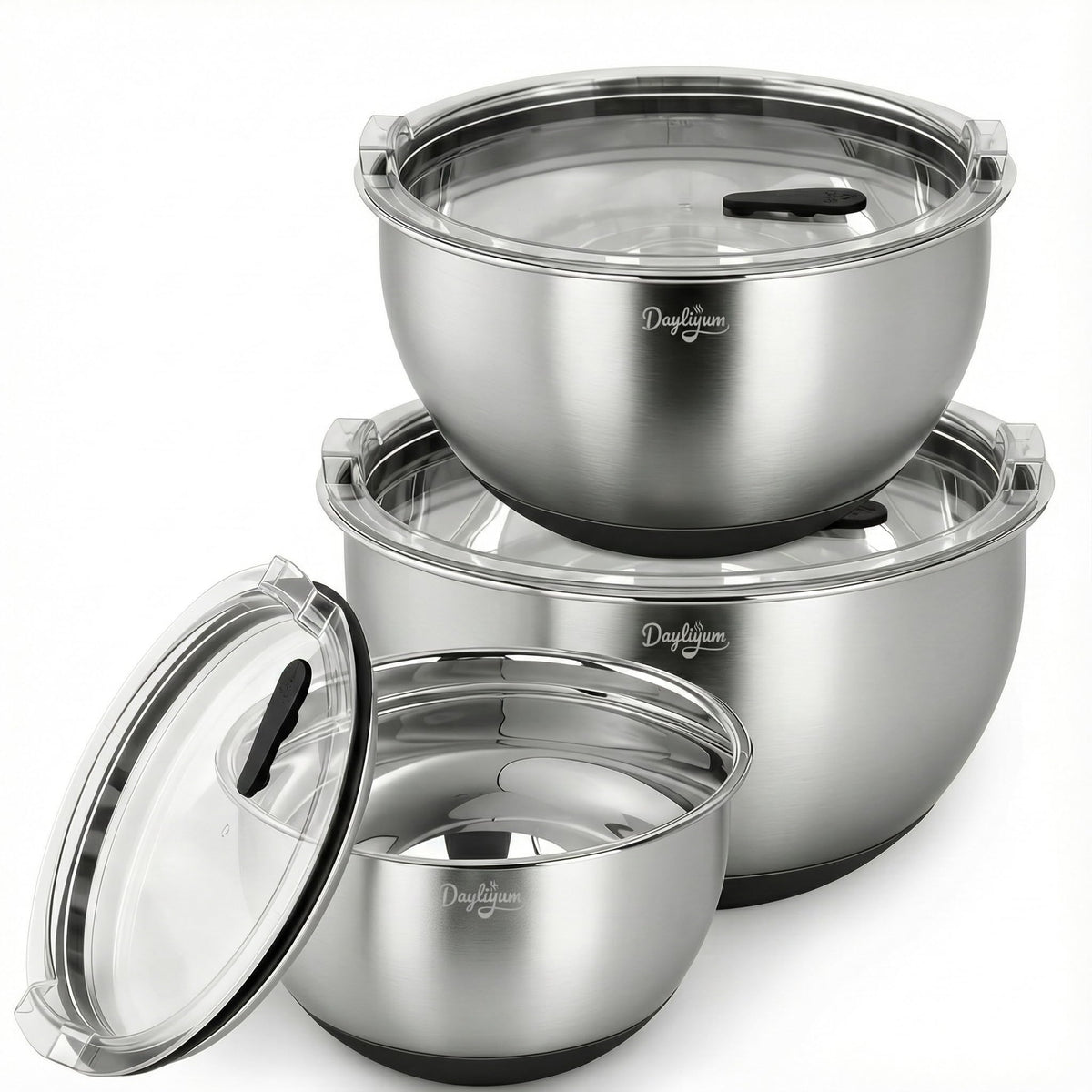 Dayliyum mixing bowls with airtight lids for fresh, secure storage.