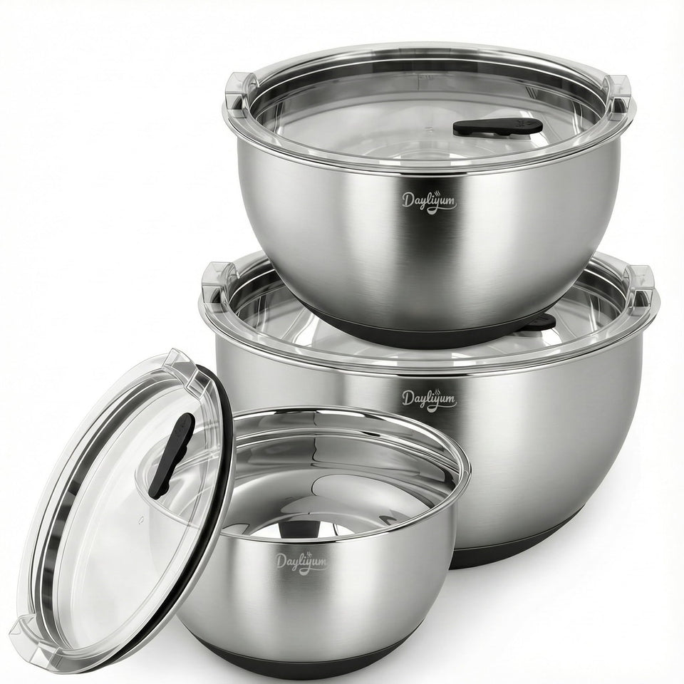 Dayliyum mixing bowls with airtight lids for fresh, secure storage.