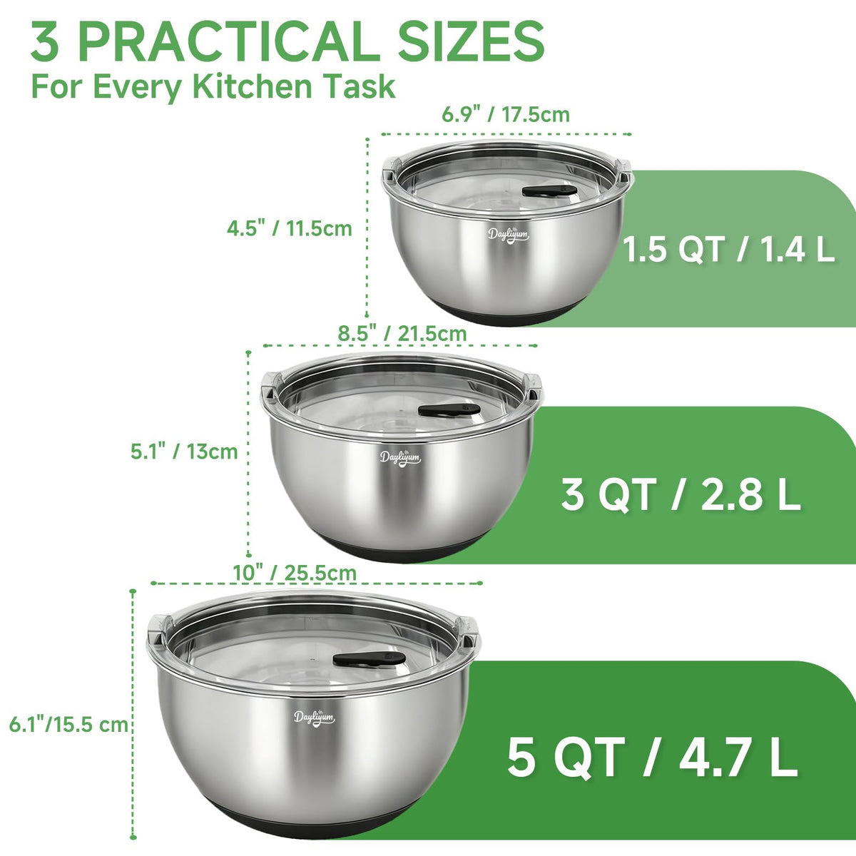 Dayliyum bowls rest steadily thanks to non-slip silicone base.