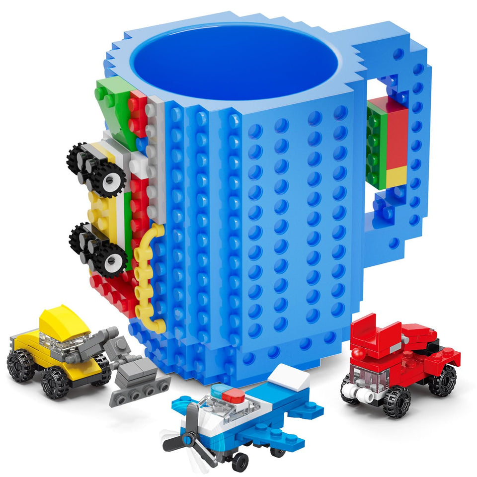 DAYMOO Build-on Brick Mug blue front view enhances desk creativity with attachable bricks.