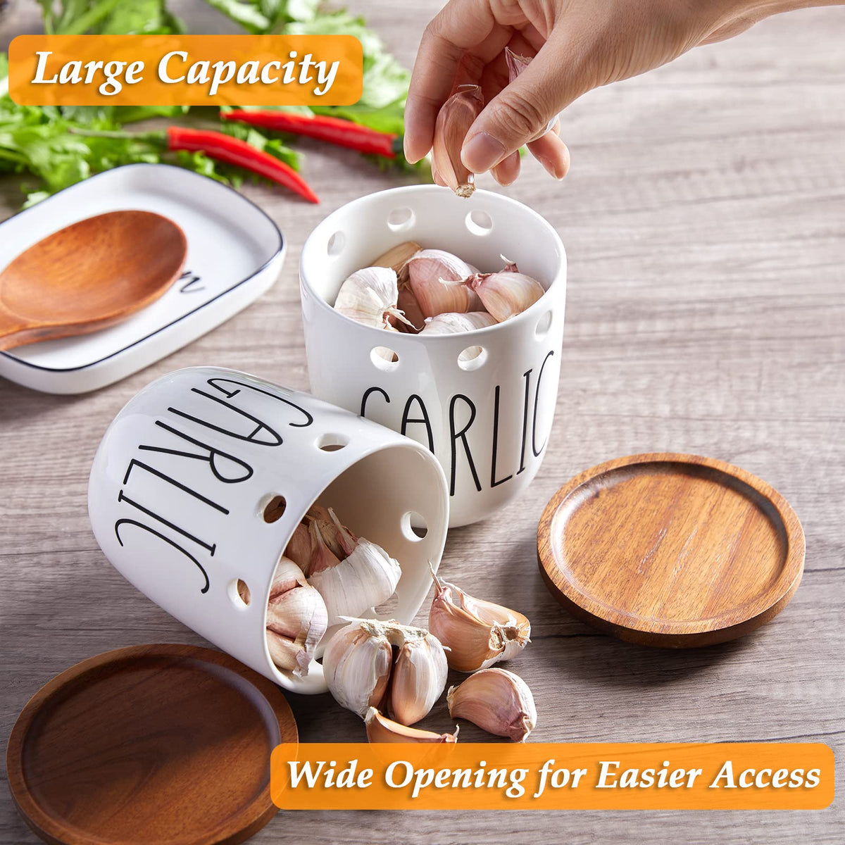 DAYYET Garlic Keeper on countertop complements kitchen decor while storing garlic.