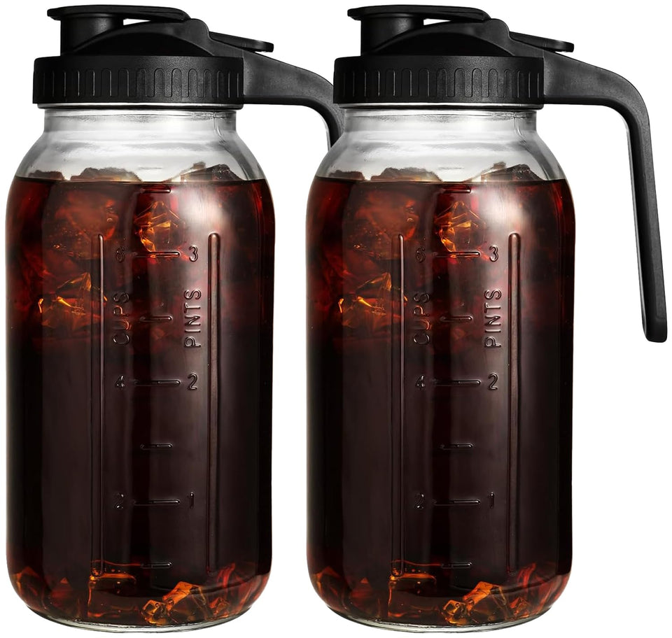 DAZHICN 2-pack 64oz glass pitcher with lid for cold beverages and easy pouring.