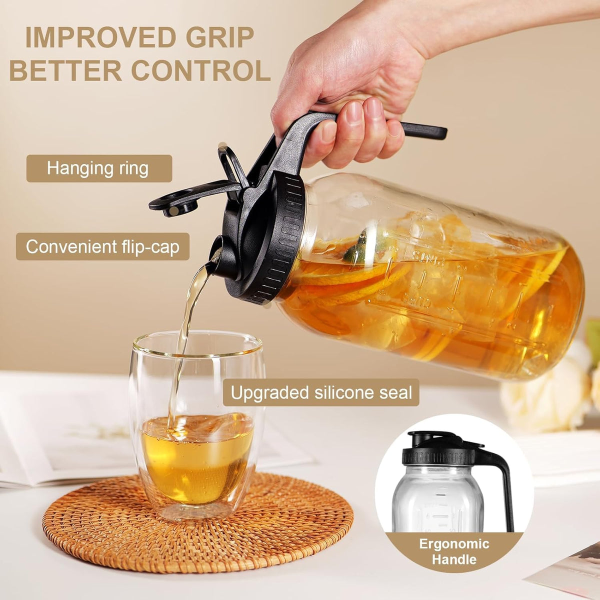DAZHICN fridge-ready 64oz pitcher stores large batches of iced tea.