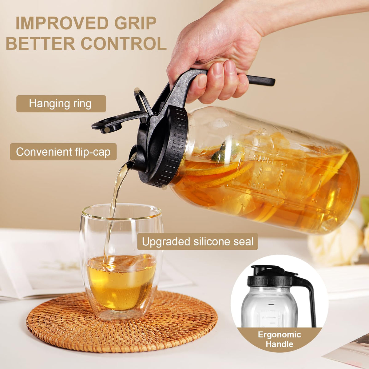 DAZHICN glass pitcher with handle for comfortable, controlled pouring.