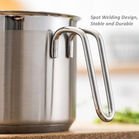 DCIGNA pan features pour spout and strainer lid for quick draining.