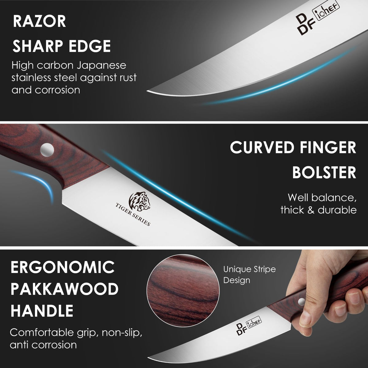 DDF iohEF steak knife non-serrated blade enables clean, precise cuts.