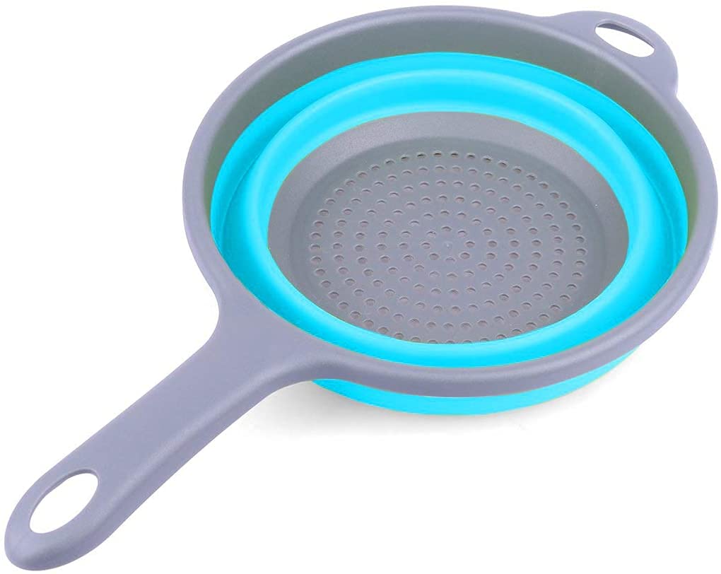 ddLUCK blue silicone colander shown in a compact folded state saves cabinet space.