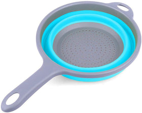 ddLUCK blue silicone colander shown in a compact folded state saves cabinet space.