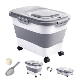 DDMOMMY rice storage container with rolling wheels for easy transport.