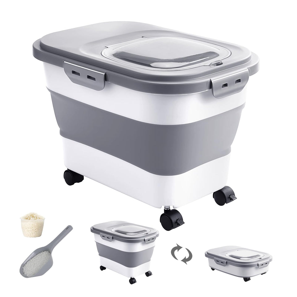 DDMOMMY rice storage container with rolling wheels for easy transport.