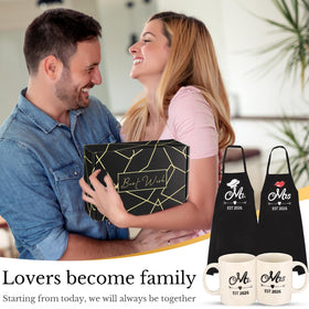 Wedding scene featuring the mug and apron set as a thoughtful gift.