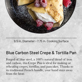 De Buyer blue carbon steel pan handle detail emphasizes safe heat control.