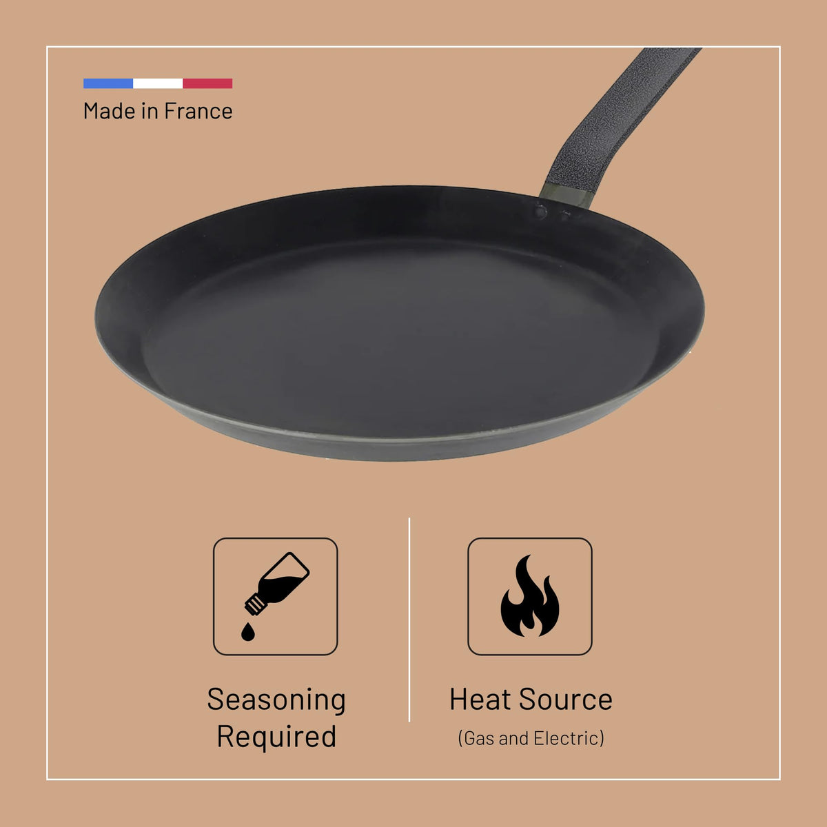 De Buyer blue carbon steel pan on stove for quick crepe cooking.