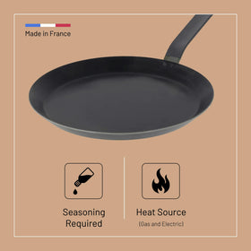 De Buyer blue carbon steel pan on stove for quick crepe cooking.