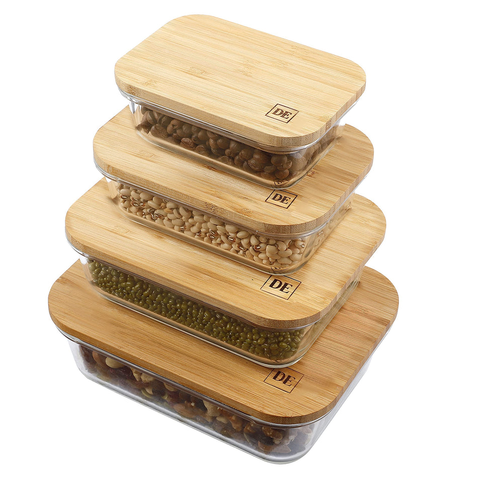 DE glass storage 12oz container with bamboo lid, ideal for portioned snacks.