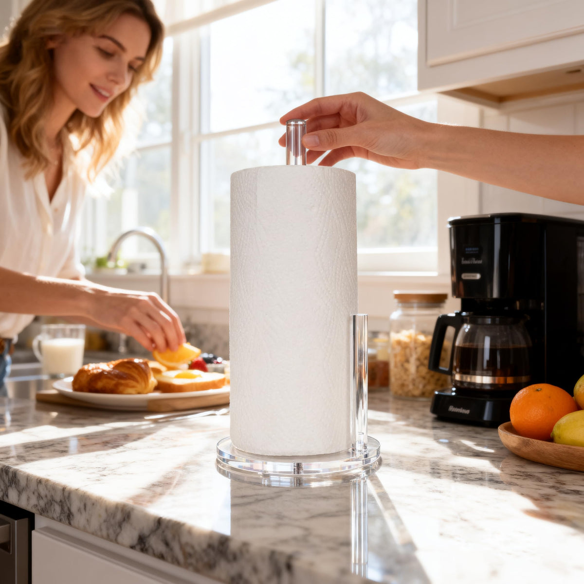 Dealpoli acrylic paper towel holder side view highlighting anti-slip base.