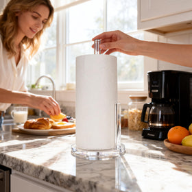 Dealpoli acrylic paper towel holder side view highlighting anti-slip base.
