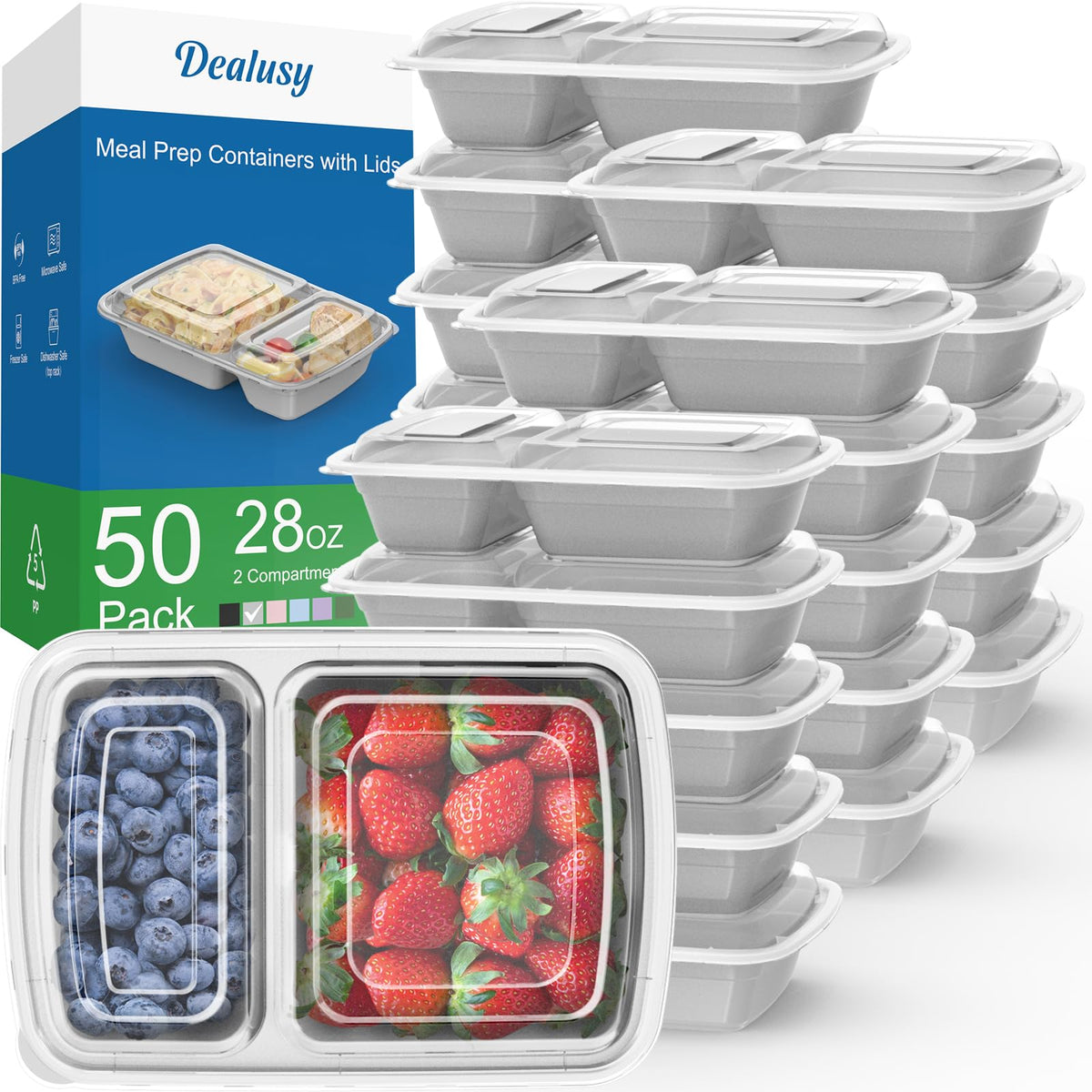 Dealusy 50-pack 28 oz container with two compartments for organized meals.